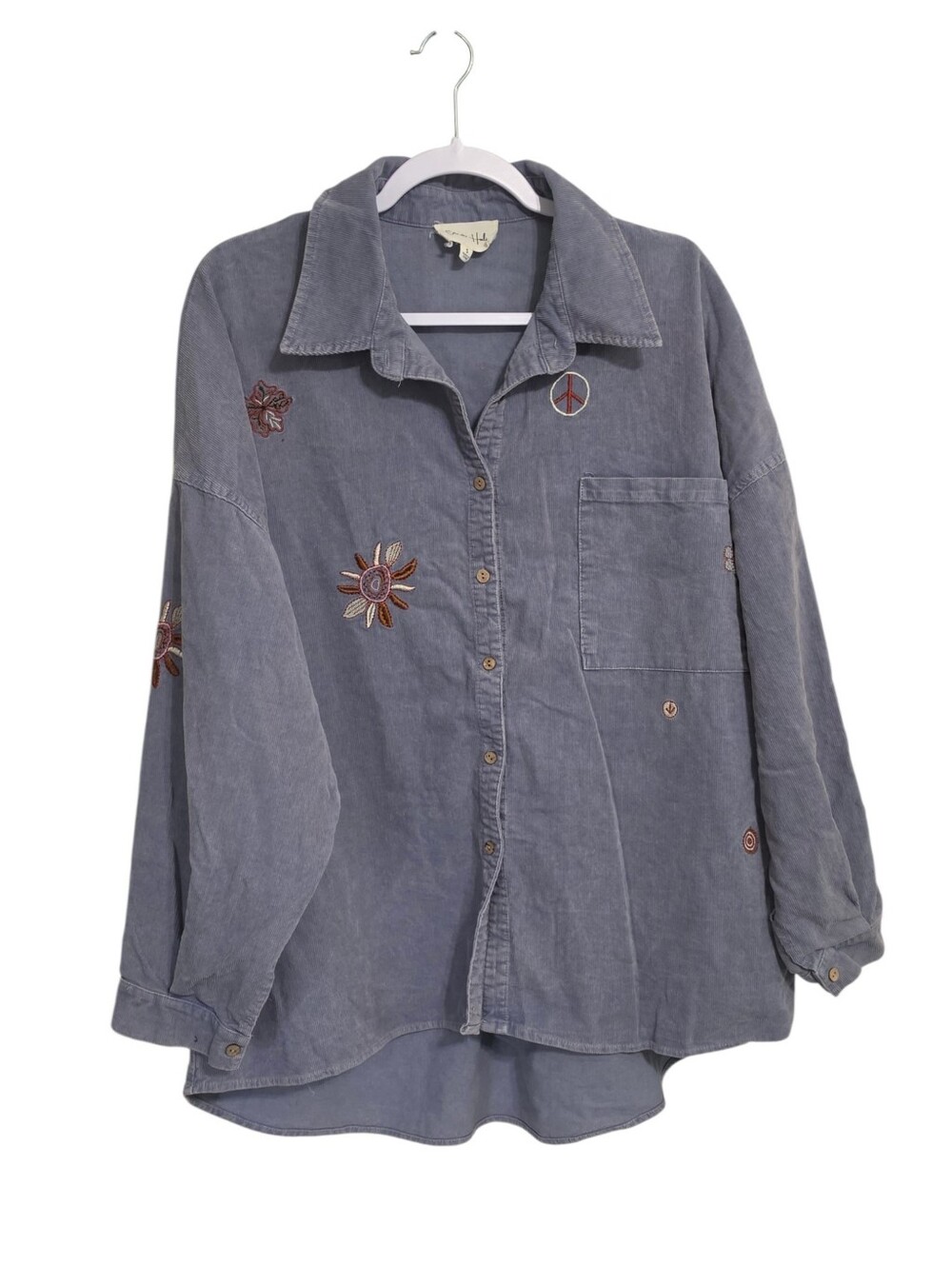 Oli & Hali Blue Gray Button Up Corduroy Top S Oversized Embroidered Boho